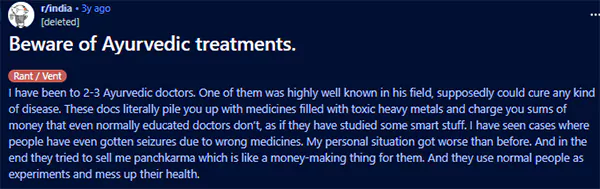 Beware of Ayurvedic treatments Reddit query