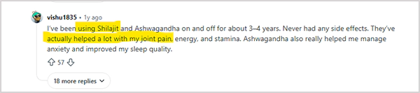 A Reddit user supporting the use of shilajit for improvement in joint pain