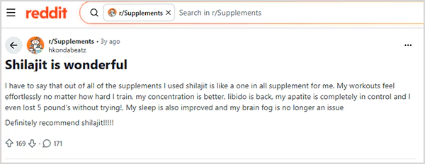 A Reddit user supporting the use of shilajit for improvement in testosterone levels